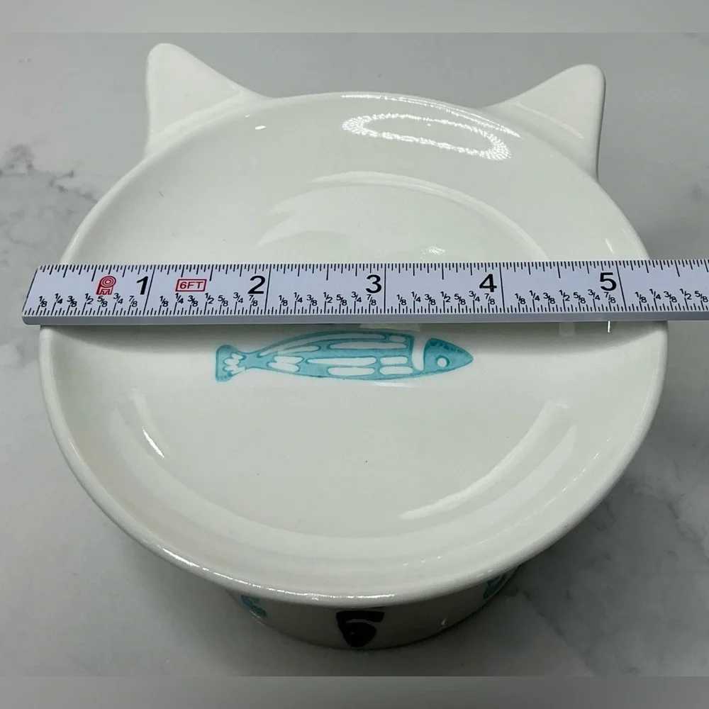 Signature Elevated Bowl Cat Food Blue & Aqua Ceramic Fish Design New
